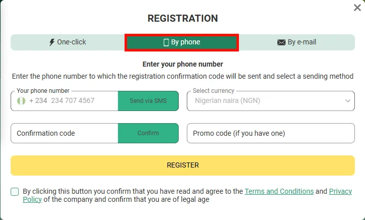 Betwinner Phone registration Screenshot